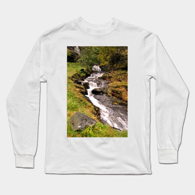 Waterfall Flamsdalen Valley Flam Norway Scandinavia Long Sleeve T-Shirt by AndyEvansPhotos